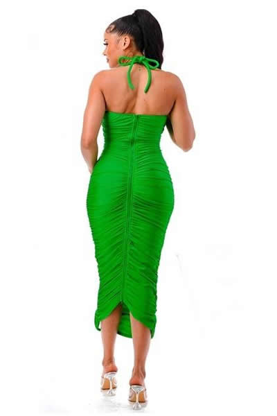 Green Halter Sleeveless Lace Up Back Zipper Ruched Midi Dress