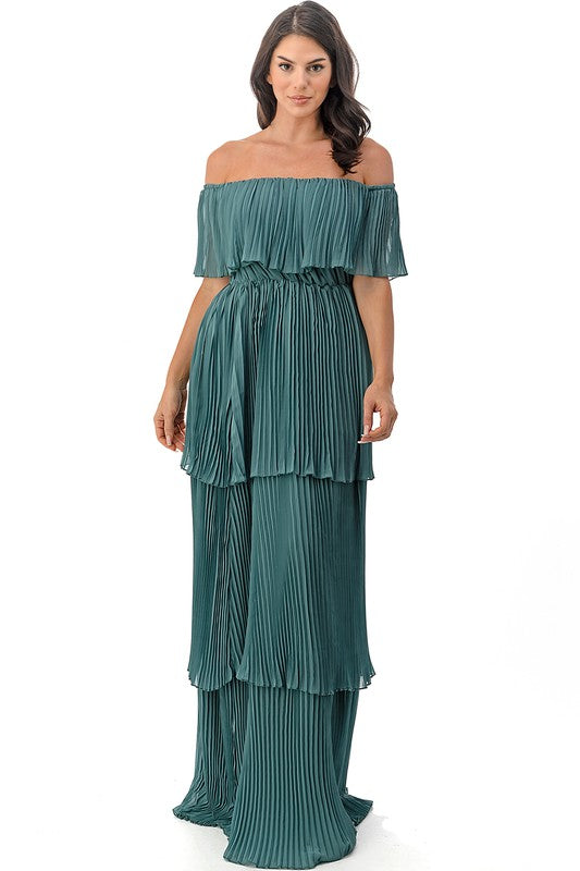 Hunter Green Off Shoulder Pleated Dress