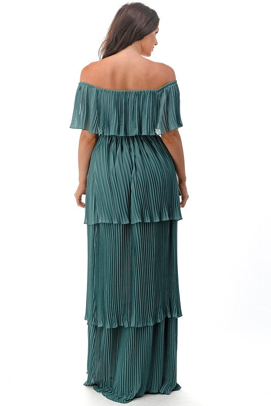 Hunter Green Off Shoulder Pleated Dress