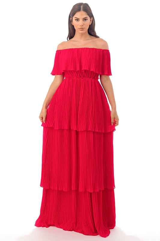 Red Off Shoulder Pleated Dress