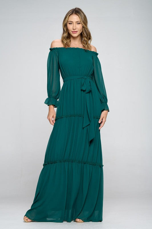 Hunter Green Long Sleeve Off Shoulder Elastic Tier Maxi Dress