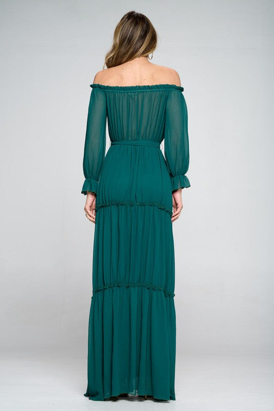 Hunter Green Long Sleeve Off Shoulder Elastic Tier Maxi Dress