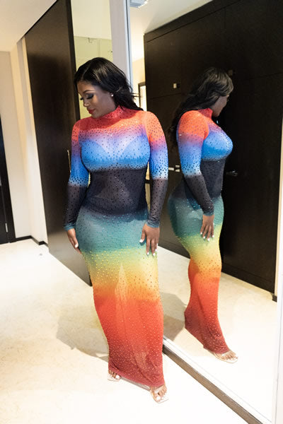 Rainbow Gradient Long Sleeve Maxi Dress