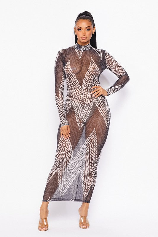 Black and White Long Sleeve See Through Dress