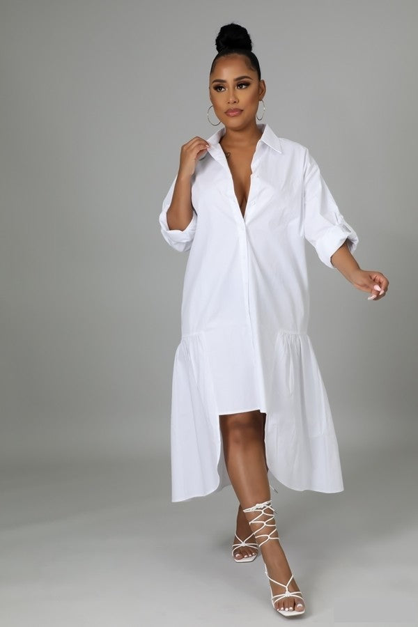 White Non-Stretch V Neck Button Front Long Sleeve Dress