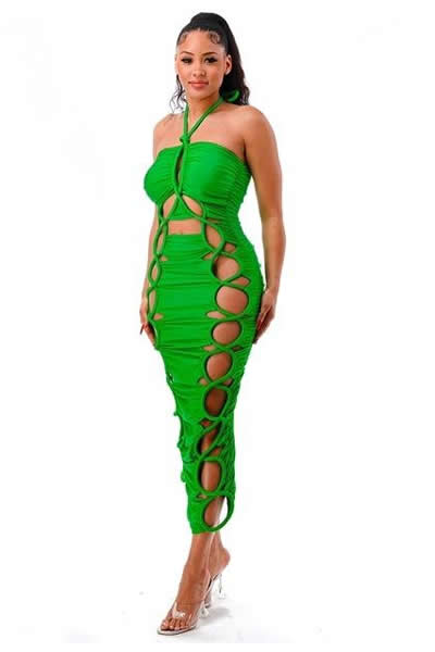 Green Halter Sleeveless Lace Up Back Zipper Ruched Midi Dress