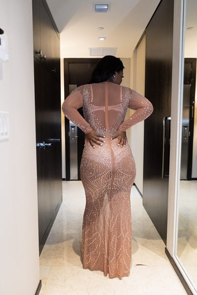 Rust RHINESTONE SHEER MESH MAXI DRESS