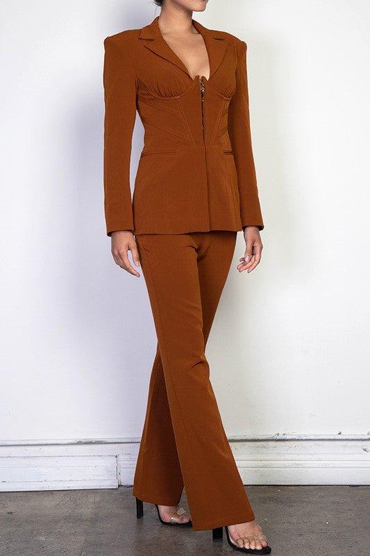 Brown Two Piece Corset Blazer Pants Suit