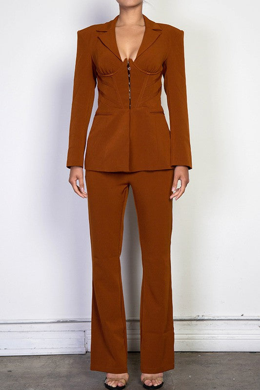 Brown Two Piece Corset Blazer Pants Suit