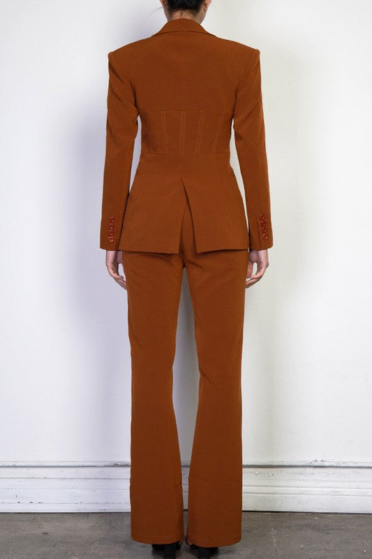 Brown Two Piece Corset Blazer Pants Suit