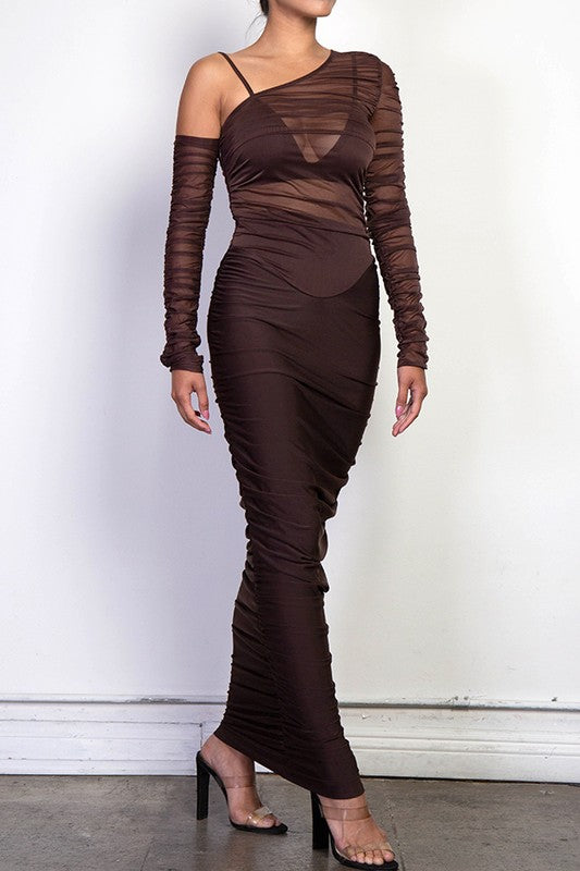 Light Brown Semi Sheer Ruched Mesh Maxi Dress