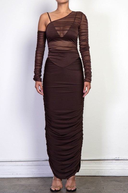 Light Brown Semi Sheer Ruched Mesh Maxi Dress