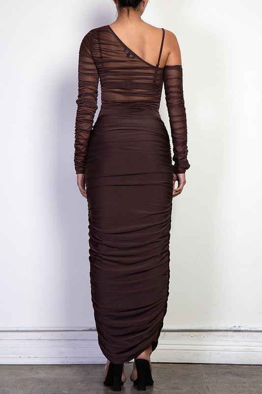 Light Brown Semi Sheer Ruched Mesh Maxi Dress