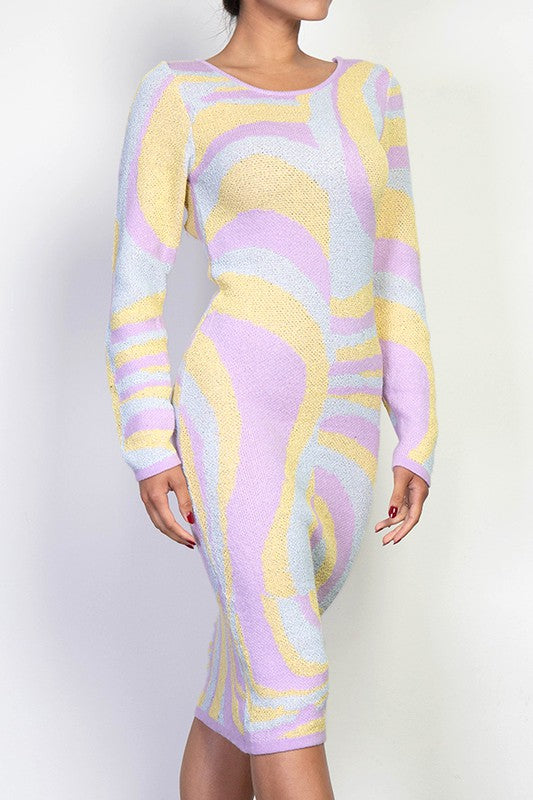 MULTI COLOR BLOCK CUTOUT FLUFFY MIDI DRESS