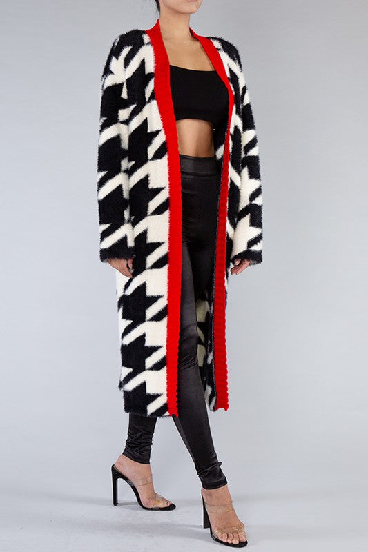 Black and Red CONTRAST HEM HOUNDSTOOTH FUZZY OPEN CARDIGAN