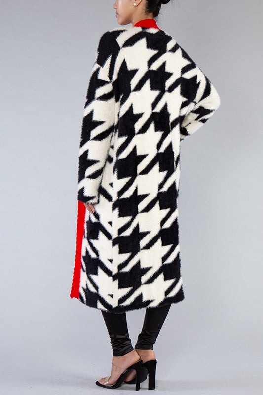 Black and Red CONTRAST HEM HOUNDSTOOTH FUZZY OPEN CARDIGAN