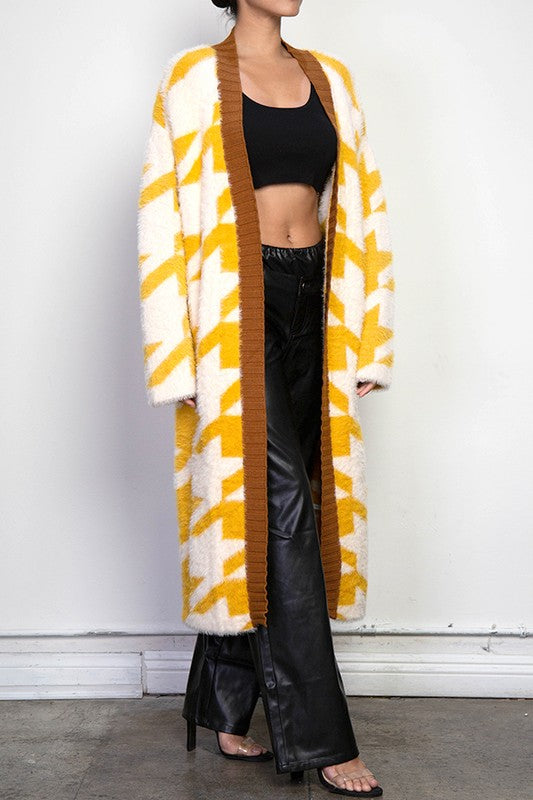 Mustard and Brown CONTRAST HEM HOUNDSTOOTH FUZZY OPEN CARDIGAN