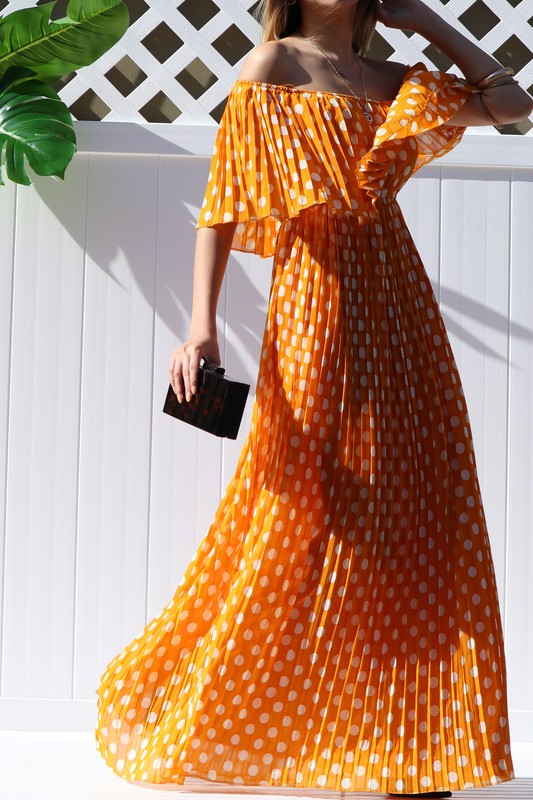 Mustard Pleated Off Soulder Maxi Dress