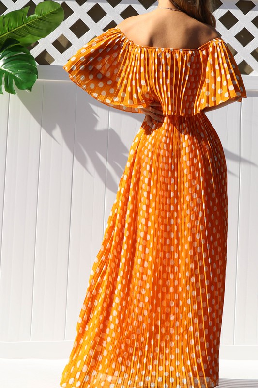 Mustard Pleated Off Soulder Maxi Dress