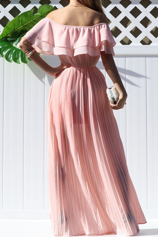 Mauve Pleated Off Soulder Maxi Dress