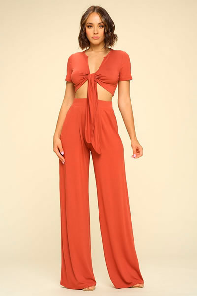 Brick Short Sleeve Crop Top High Waist Palazzo Pants Set