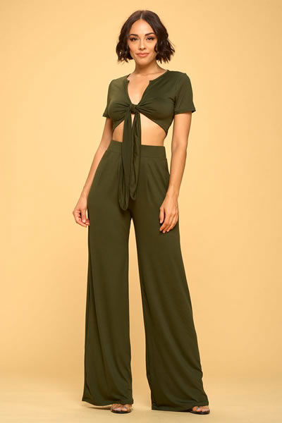 Army Green Short Sleeve Crop top High Waist Palazzo Pants Set