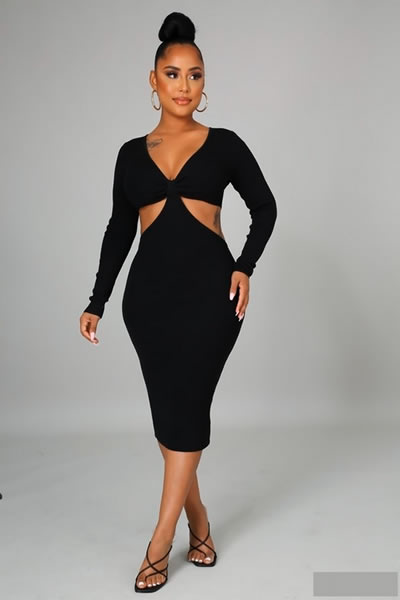 Black Stretch V Neck Long Sleeve Dress