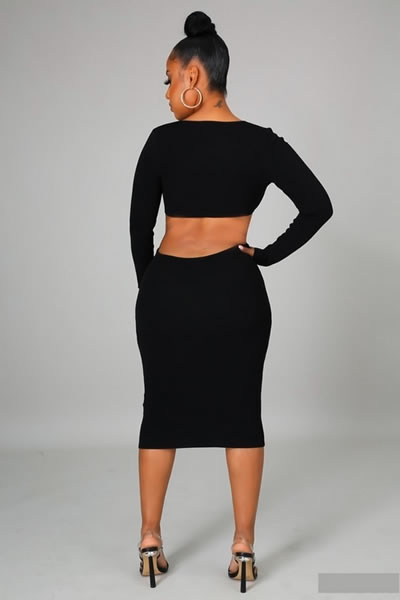 Black Stretch V Neck Long Sleeve Dress