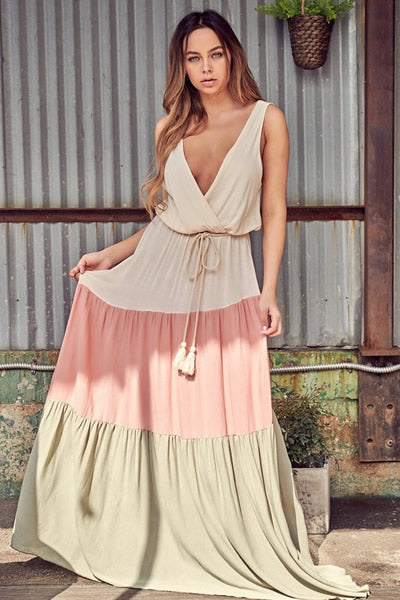 Blue Blush - Ivory Multi Color Tassel Waist Tie Maxi Dress