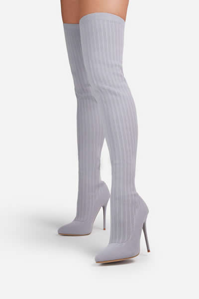 POINTED TOE OVER THE KNEE THIGH HIGH LONG SOCK BOOT IN GREY