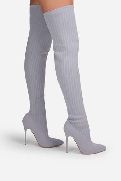 POINTED TOE OVER THE KNEE THIGH HIGH LONG SOCK BOOT IN GREY