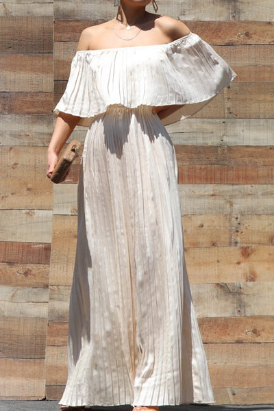 Champagne Pleated Satin Off Shoulder Maxi Dress