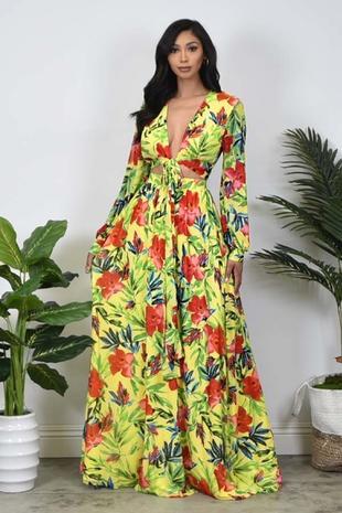 Yellow Long Sleeve Floral Print Maxi Dress