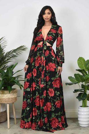 Black and Red Long Sleeve Floral Print Maxi Dress