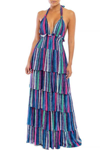 Luxxel - Shine Ruffle Halter Maxi Dress